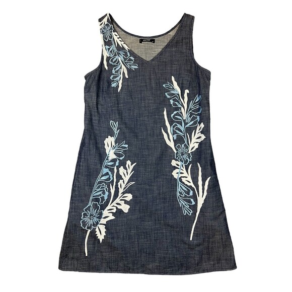 eShakti V-Neck Dress  Women's M (8)  Embroidered Sleeveless Sheath Blue Chambray - Picture 1 of 9